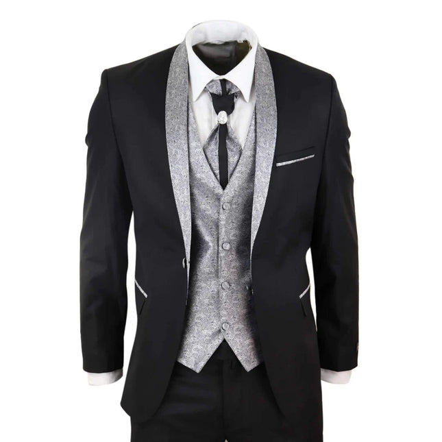 Sal-Yaica - Men's 4 Piece Wedding Suit Groom Shawl Collar Black Silver Cravat