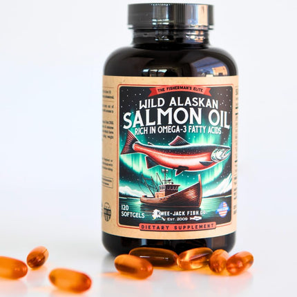 Wild Alaskan Salmon Oil Omega-3 Supplement (EPA & DHA) - 120 Softgels, 1000mg Each | Kwee-Jack Fish Co.