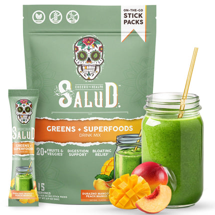 Salud 2-in-1 Greens Powder & Superfood Drink Mix – Peach Mango, 15 Servings, Probiotics, Digestive Health (Vegan)