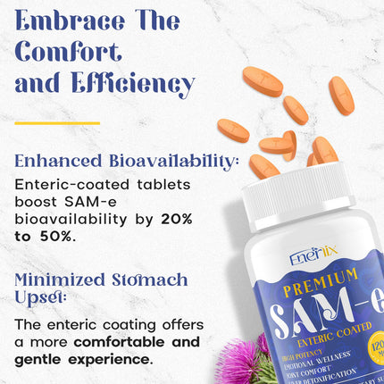 Enerlix 1200mg SAM-e with CoQ10 – Enteric-Coated, Vegan, 120 Tablets