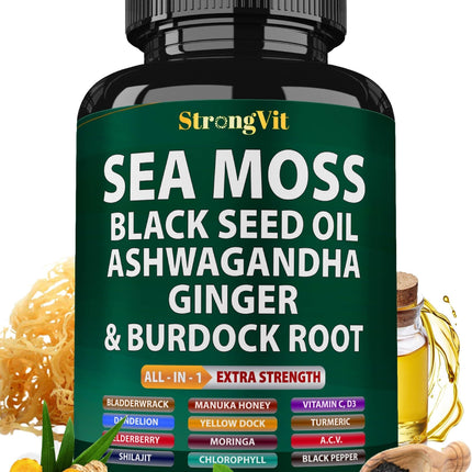Sea Moss + Black Seed Oil Capsules with Ashwagandha & Ginger – Organic Multimineral Sea Moss (120 Capsules) USA