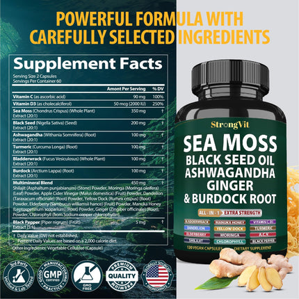 Sea Moss + Black Seed Oil Capsules with Ashwagandha & Ginger – Organic Multimineral Sea Moss (120 Capsules) USA
