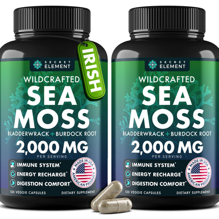 Secret Element Sea Moss Capsules – Irish Sea Moss with Burdock Root, Bladderwrack & Muira Puama for Immunity, Gut, and Energy (2 Pack)