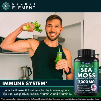 Secret Element Sea Moss Capsules – Irish Sea Moss with Burdock Root, Bladderwrack & Muira Puama for Immunity, Gut, and Energy (2 Pack)