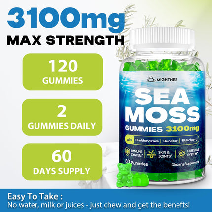 Sea Moss Gummies 3100mg Irish Seamoss – Detox, Immune, Skin – 120ct