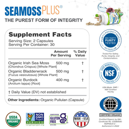 Power By Naturals Sea Moss Plus – Organic Irish Sea Moss with Bladderwrack & Burdock Root, 60 Capsules, 2 Pack