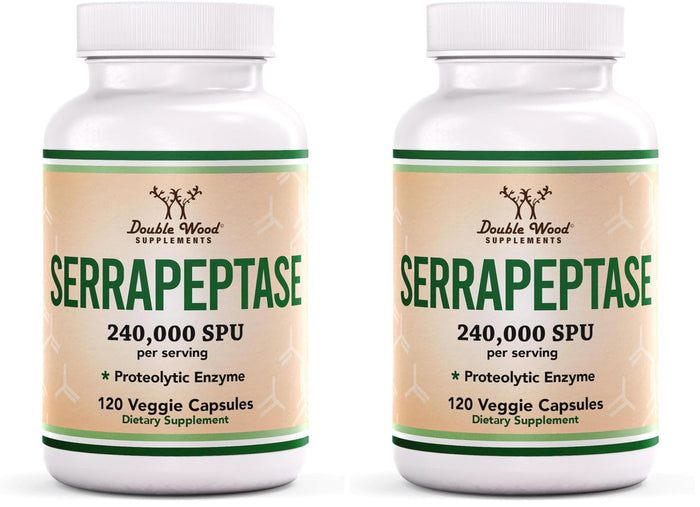 Serrapeptase 240,000 SPU Max Potency – Pack of 2 by Double Wood Supplements (120 Veggie Capsules per Bottle)