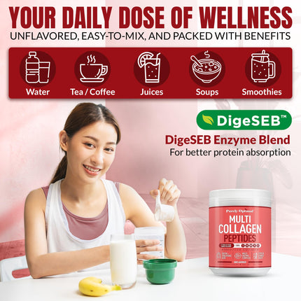 Purely Optimal Multi Collagen Powder for Women – 5 Types, Biotin & Hyaluronic Acid (Unflavored, 42 Servings)