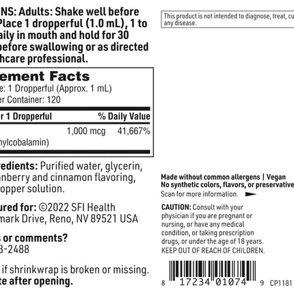 SFI Health Klaire Labs Vitamin B12 Liquid - Methylcobalamin Drops - Superior Absorption - Vegan, 120 Servings, 4 Oz