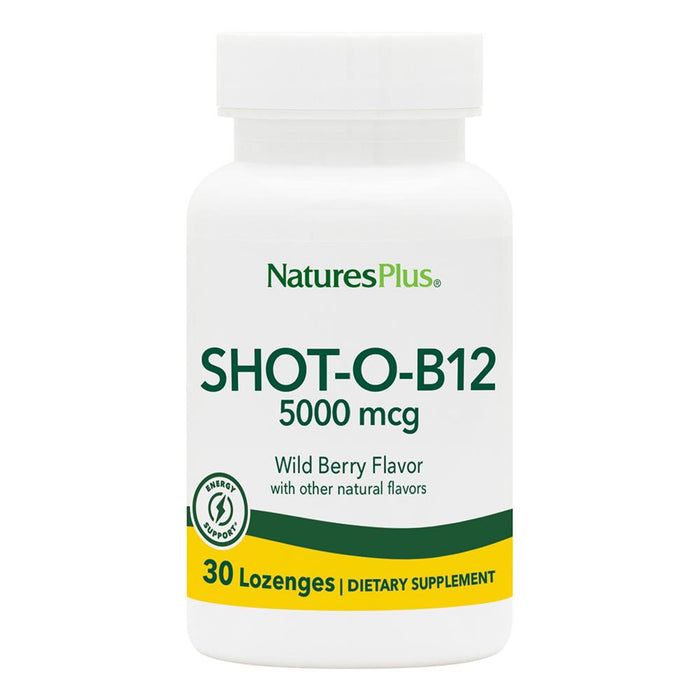 NaturesPlus Shot-O-B12-30 Lozenges, Wild Berry Flavor - 5000 mcg - Vegan, Gluten Free - 30 Servings