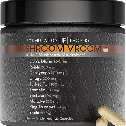 Formulation Factory Shroom Vroom 10-in-1 Mushroom Supplement — Focus, Energy & Immune Support