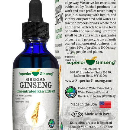 Siberian Ginseng Root Extract – Organic & Alcohol-Free 2oz | Patented Cold Fulvic Mineral Water Brew
