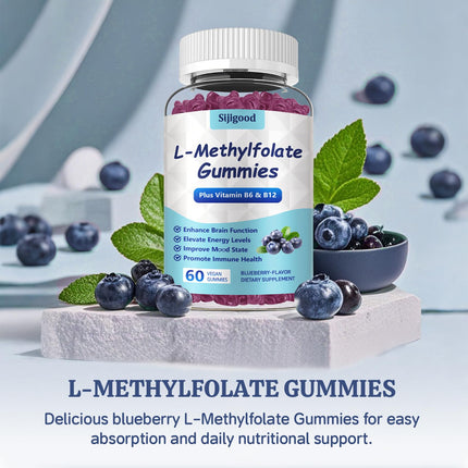 2 Pack Sijigood L-Methylfolate Gummies with Methyl B12 - Blueberry Flavor 120 Count