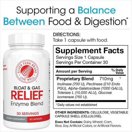 Silver Fern Bloat & Gas Relief Digestive Enzyme Blend - 60 Servings (2 Bottles) with Tolerase L & Pectinase
