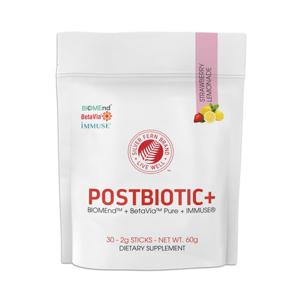 Silver Fern Postbiotic+ Strawberry Lemonade Powder – BIOMend™, BetaVia™, Immuse® – 30 Stick Packs