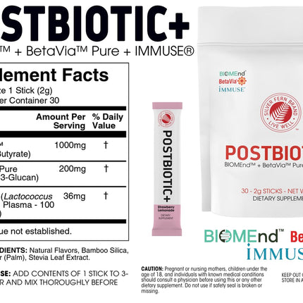 Silver Fern Postbiotic+ Strawberry Lemonade Powder – BIOMend™, BetaVia™, Immuse® – 30 Stick Packs