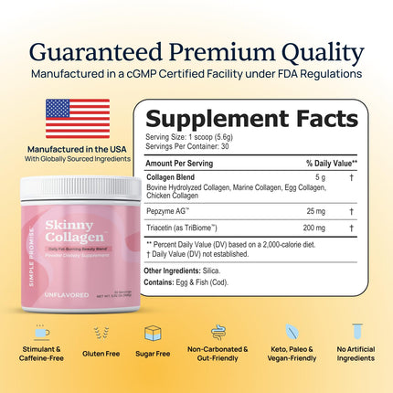 Simple Promise Skinny Collagen – Unflavored Multi-Collagen Peptides (30 Servings) for Weight Goals