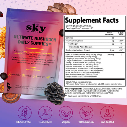 SKY NUTRITION Mushroom Gummies - 10-in-1 Focus & Brain Support, Raspberry Flavor, 60 Vegan Gummies