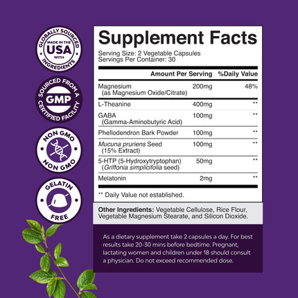 Natural Refreshing Sleep Formula – Non Addictive Herbal Sleep Supplement with Magnesium, L-Theanine & GABA | Pack of 2