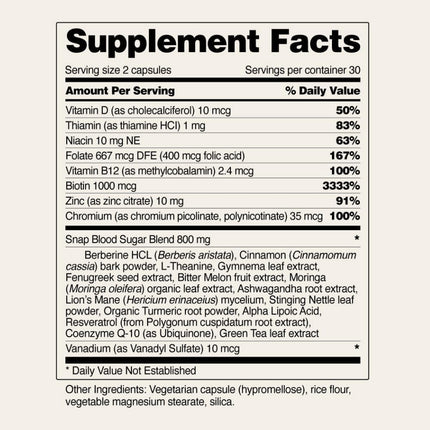 Snap Supplements Blood Sugar Blend — CoQ10, Cinnamon, Gymnema, Alpha Lipoic Acid, Sugar Free, 60 Capsules, 2 Pack