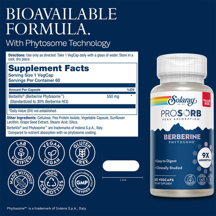 SOLARAY Berberine Phytosome – 9X Absorption, Easy to Digest, 30% Berberine HCl | Vegan, Soy-Free | 60 Servings, 60 VegCaps