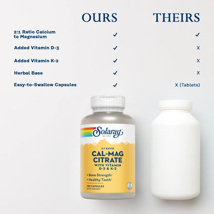 SOLARAY Calcium Magnesium Citrate w/Vitamin D3 K2 | Cal Mag 2:1