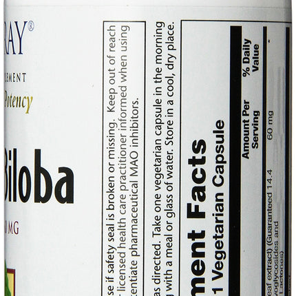 SOLARAY Guaranteed Potency Ginkgo Biloba Leaf Extract, Veg Cap - 60 mg, 120ct