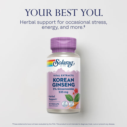 SOLARAY Korean Ginseng Root Extract - 60 Servings, 60 VegCaps | Vegan, Lab Verified