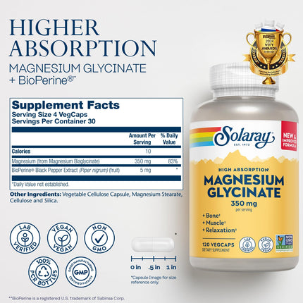 SOLARAY Magnesium Glycinate Capsules – Chelated Bisglycinate with BioPerine (Vegan, 120 VegCaps)