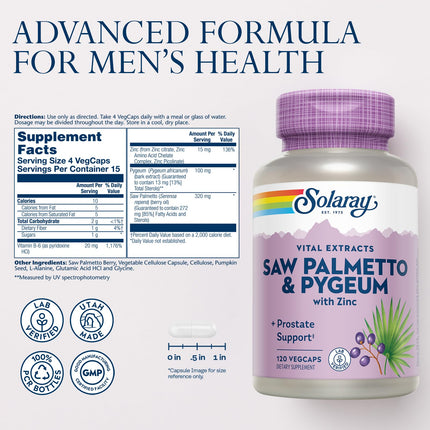 SOLARAY Saw Palmetto & Pygeum – Prostate Health Support for Men | Zinc, Pumpkin Seeds, Vitamin B6 | Vegan & Gluten Free | 30 Servings