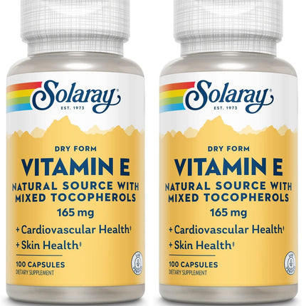SOLARAY Vitamin E, Dry 200 IU w/Mixed Tocopherols | Healthy Cardiac Function & Skin Health Support | 100ct (Pack of 2)