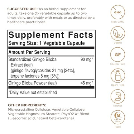 Solgar Ginkgo Biloba Leaf Extract - 180 Veg Capsules | Standardized Full Potency (SFP)