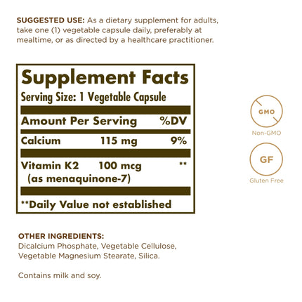 Solgar Vitamin K2 MK-7 100 mcg – Natto Whole-Food Source, 50 Vegetable Capsules x4 (200 Servings) – Non-GMO, Gluten Free