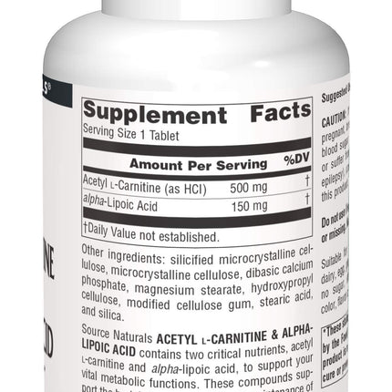 Source Naturals Acetyl L-Carnitine & Alpha-Lipoic Acid 650mg – 180 Tablets