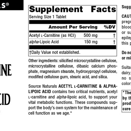 Source Naturals Acetyl L-Carnitine & Alpha-Lipoic Acid 650mg – 180 Tablets