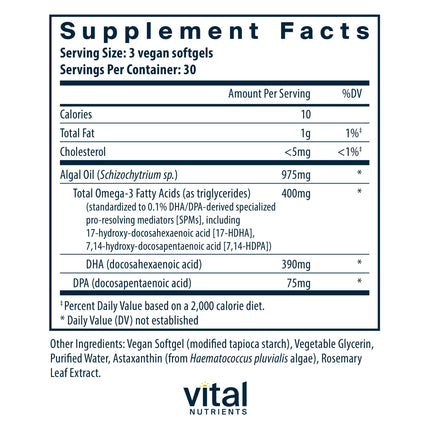 Vital Nutrients Ultra Pure® Vegan Omega SPM+ – Vegan Omega-3 with SPM, 90 Mini Softgels