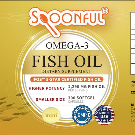 Spoonful Mini Omega-3 Fish Oil – iFOS Certified, 1290 mg/Serving, 300 Softgels, Made in USA