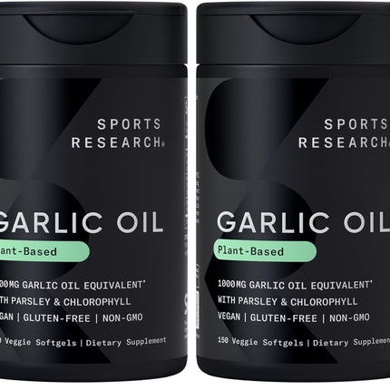 Sports Research Odorless Garlic Oil Pills 1000mg with Parsley & Chlorophyll – Non-GMO, Vegan, Gluten Free (2 x 150 Plant Gels)