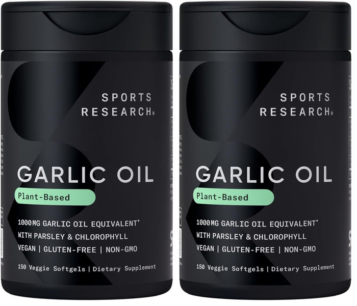 Sports Research Odorless Garlic Oil Pills 1000mg with Parsley & Chlorophyll – Non-GMO, Vegan, Gluten Free (2 x 150 Plant Gels)