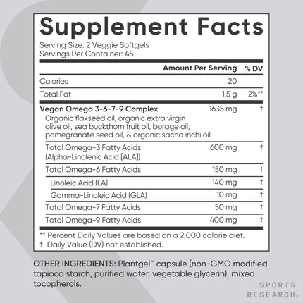 Sports Research Vegan Omega 3-6-7-9 1200 mg - 90 Veggie Softgels | Multi-Spectrum