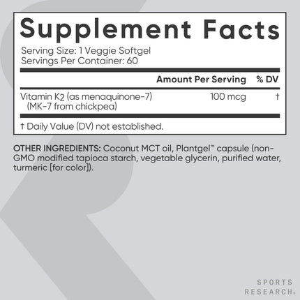 Sports Research Vitamin K2 MK-7 100 mcg with Coconut MCT Oil – 60 Veggie Softgels