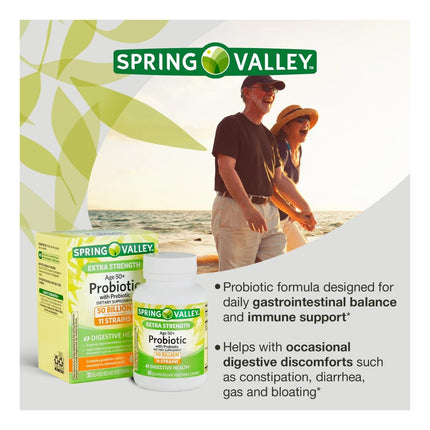 Spring Valley Age 50+ Probiotic + Prebiotic (30 Count) — Delayed-Release Vegetarian Capsules for Digestive Health | Gift Ice Roller