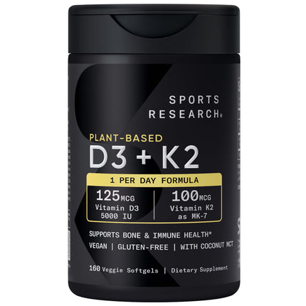 Sports Research Vitamin D3 + K2 5000 IU Plant-Based, Vegan, Non-GMO – MK-7, 160 Softgels