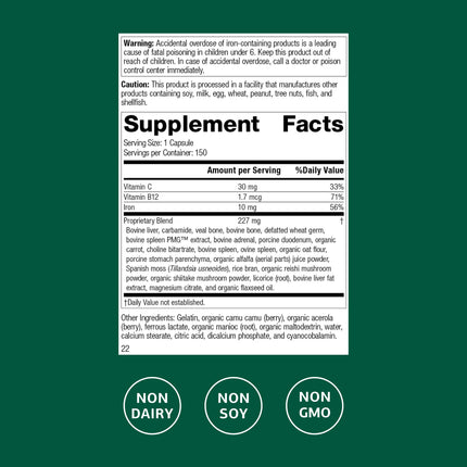 Standard Process Ferrofood - Blood Health Supplement with Iron, B12 & Vitamin C - 150 Capsules (40 Servings)