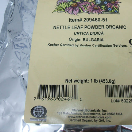 Starwest Bottanicals Organic Nettle Leaf Powder 1lb Bag