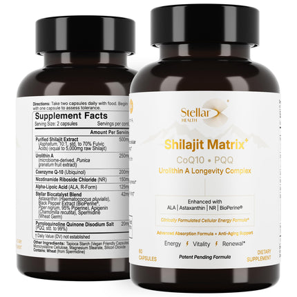 Stellar Health Clinical Mitochondrial Complex – Shilajit & NAD+ Booster with Ubiquinol CoQ10, NR, PQQ, ALA, Astaxanthin | 60 Vegan Capsules