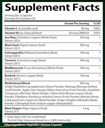 Sea Moss + Black Seed Oil Capsules with Ashwagandha & Ginger – Organic Multimineral Sea Moss (120 Capsules) USA