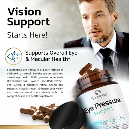 Sunergetic Premium Eye Pressure Support Supplement - Saffron, Lutein, Zeaxanthin, Bilberry & Pine Bark (2 x 30 capsules)