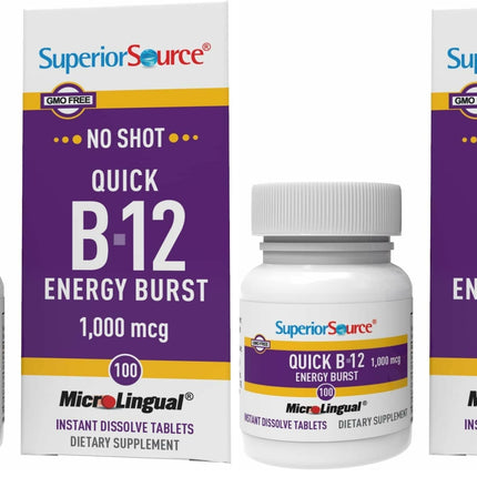 Superior Source B-12 1000 mcg Quick Energy Burst - MicroLingual Tablets (Pack of 2) - Non-GMO & Gluten-Free