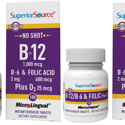 Superior Source No Shot B-12 1000 mcg + B-6, Folic Acid & D-3 1000 IU – Sublingual Tablets (Pack of 2)